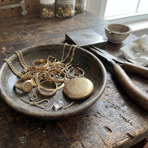 Altgold-Schmuck in einer Schale, bereit zur Verarbeitung in der Werkstatt