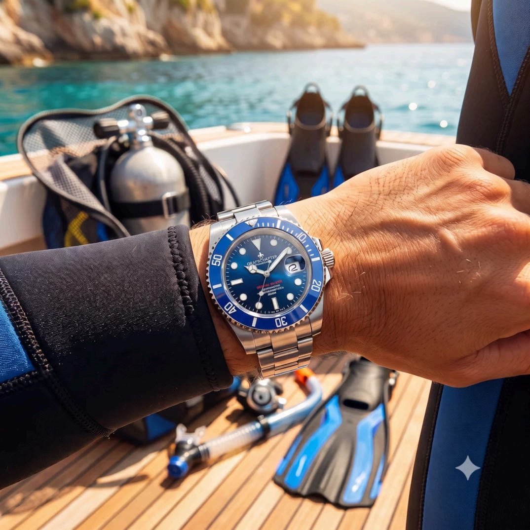 Die Grafschafter Ocean Diver am Handgelenk auf einem Boot
