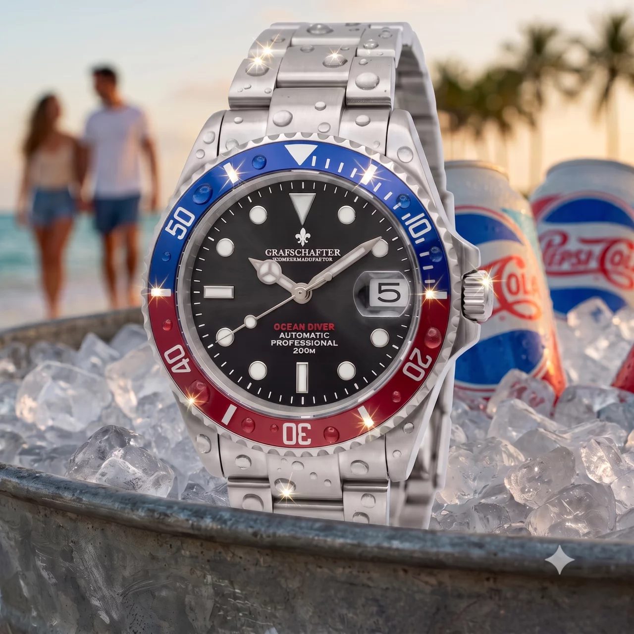 Grafschafter Ocean Diver mit schwarzem Zifferblatt und blau-roter Lünette