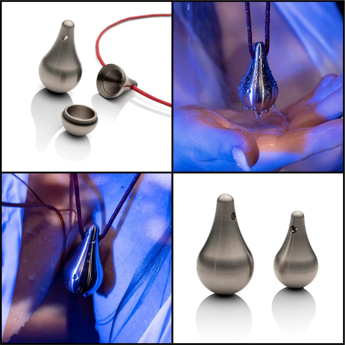 Secret-Drop-Anhänger in Tropfenform, geöffnet und getragen